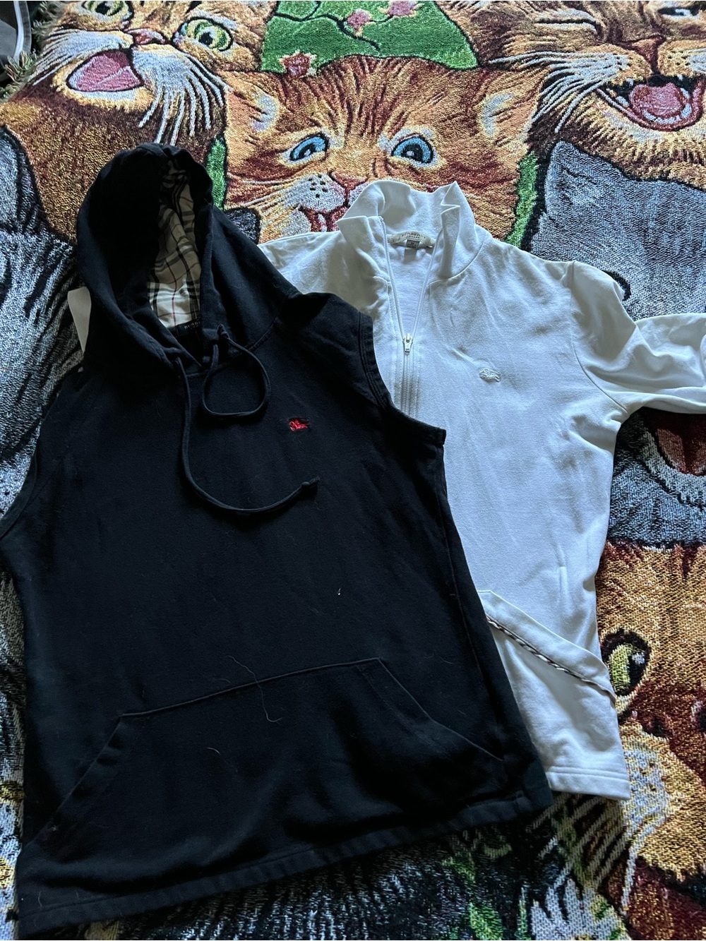 Burberry Black Sleeveless Hoodie & White Zip Short Sleeve Top